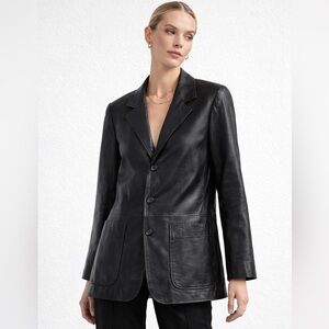 Vintage Arrow Black Leather Blazer Jacket Longline Patch Pocket Coat Minimalist